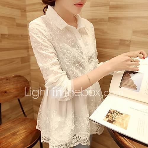 Lanliersi Korean Slim Lace Mesh Embroidery Fashion Long Sleeve Bottoming Shirt (White)