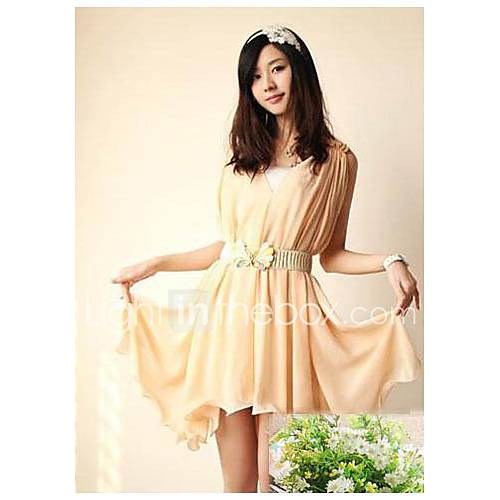 Successful V Neck Short Sleeve 2Pcs Chiffon Dress Belt Included (Almond)