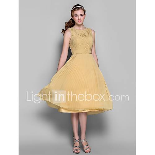 Sheath/Column Jewel Tea length Chiffon Bridesmaid Dress (710800)