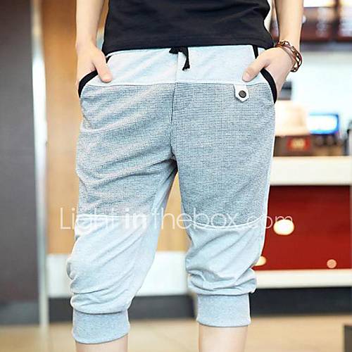 Mens Check Splicing Cropped Skinny Sport Pant