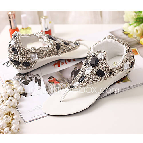 Sunday Womens String Of Beads Wedges Pu Leather White Sandals