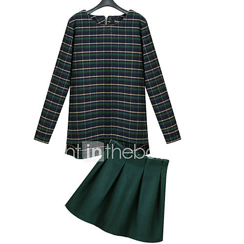 WeiMeiJia Womens Simple Check Tops And Tweed Skirt Suit(Screen Color)