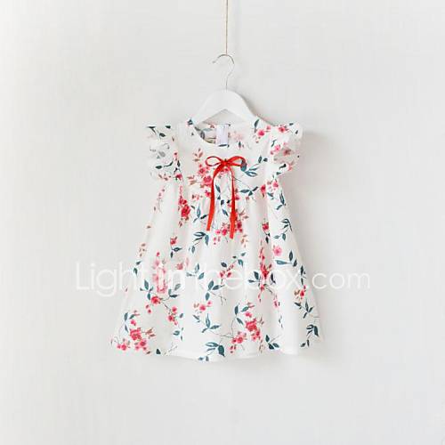 Girls Round Neck Bow Floral Print Fly Sleeve Dress