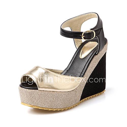 Faux Leather Womens Wedge Heel Peep Toe Sandals with Buckle Shoes(More Colors)
