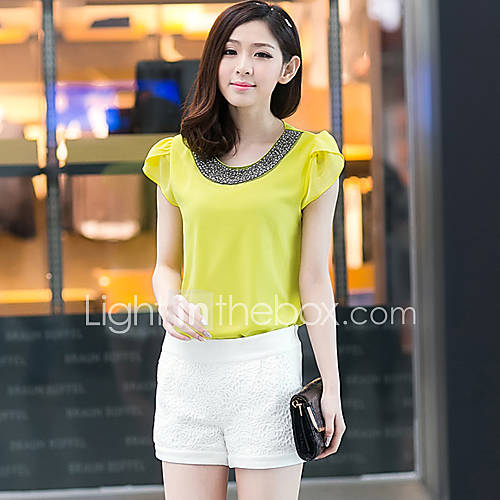 LCL Casual Chiffon Beads Ruffle Short Sleeve Slim Shirt(Yellow)