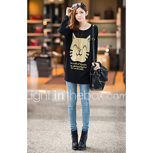 Uplook Womens Casual Round Neck Black Animal Pattern Loose Fit Batwing Long Sleeve T Shirt 320#