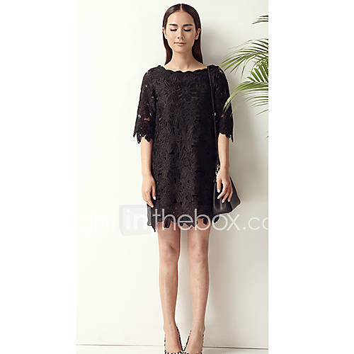 JRY Womens Simple Round Neck Black Lace Half Sleeve Big Size Dress