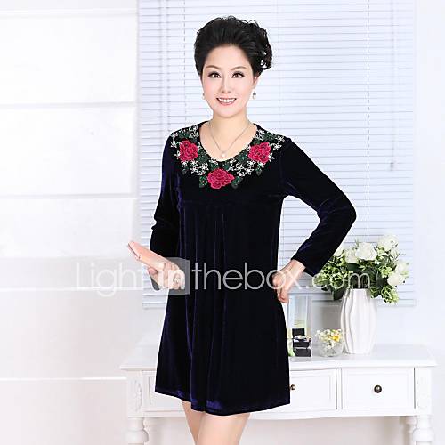 Momens V Neck Embroidery Long Sleeve Dress