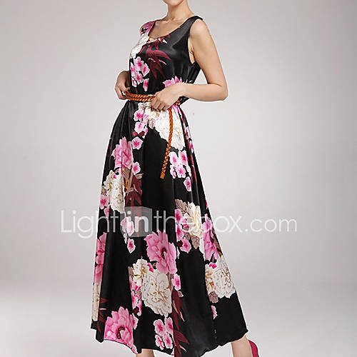 Zhulifang Womens Elegant Peony Pattern Satin Dress