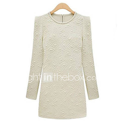 WeiMeiJia Womens Simple Embossed Beads Long Sleeve Dress(White)