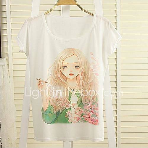 Womens Fashion Loose Round Collar Printing Short Sleeve Bat T Shirt