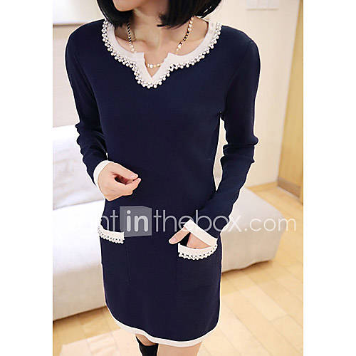 VS Style Womens Lovely Slim Fit Long Sleeve Dress(Navy Blue)