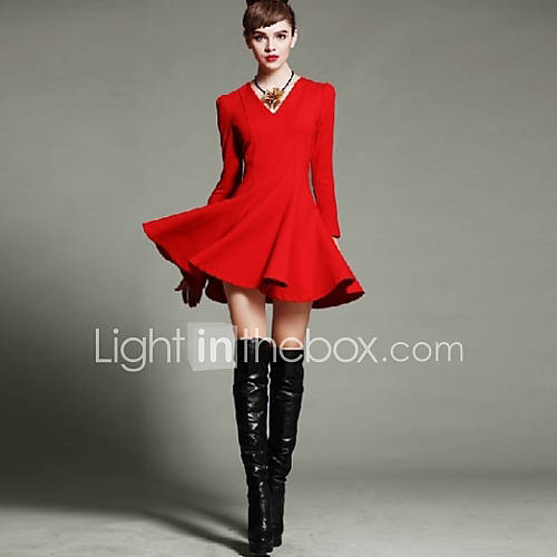 Womens Stylish Temperament V Neck Stitching Slim Long Sleeve Dress