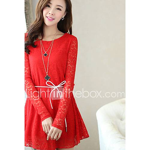 K Star Womens Korean Sexy Casual Long Sleeve Lace Dress(Red)