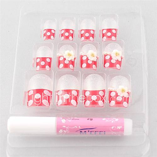 12 PCS Red Flower Polka Dot Acrylic UV Gel False Nail Art Tips With Glue