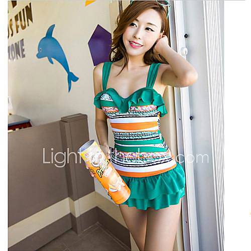 Womens Fashion Chromatic Stripe Show Thin Skirt Style Nylon and Spandex One Pieces Swimsuit