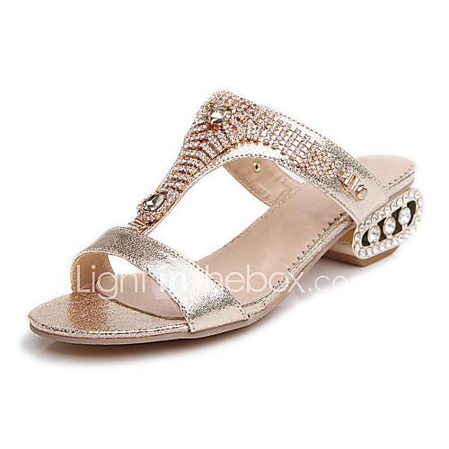 Leatherette Womens Low Heel Open Toe Slippers With Rhinestone Shoes(More Colors)