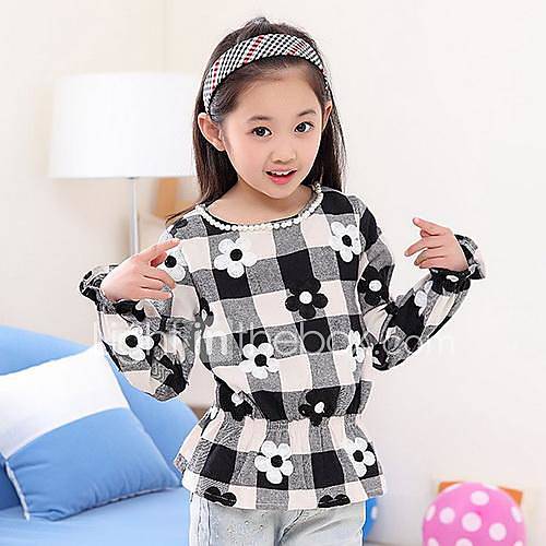 Girls Round Collar Check Long Sleeve Coat