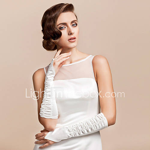 Satin Elbow Length Fingerless Bridal Gloves With Ruffles (More Colors)
