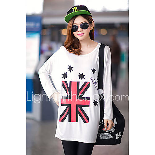 Uplook Womens Casual Round Neck White The Union Flag Pattern Loose Fit Batwing Long Sleeve T Shirt 303#