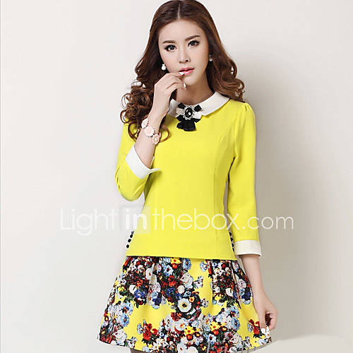 Loongzy Womens Korean 3/4 Sleeve Lace Chiffon Bodycon Yellow Dress