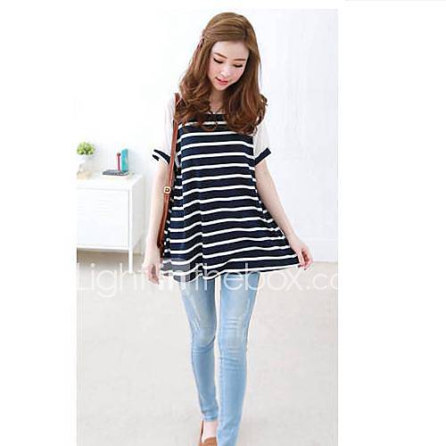 Womens Round Collar Han Edition Chiffon Sleeve Splicing Stripe Cotton Blouse