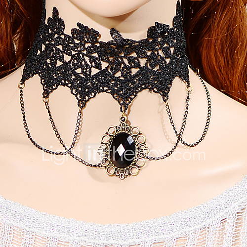 OMUTO Lolita Fashion Lace Gemstone Pendant Sweater Necklace (Black)