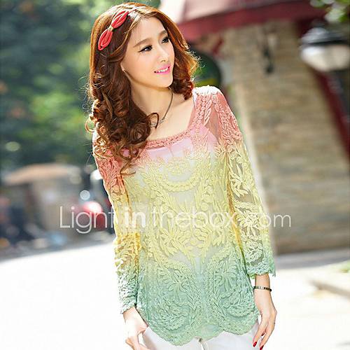 Lanliersi Gradient Color Lace Low Round Cut Out Mesh Long Toned Horn Sleeve Shirt (Yellow)