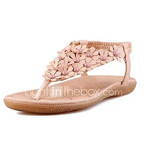 Faux Leather Womens Flat Heel Flip Flops Sandals With Flower Shoes(More Colors)