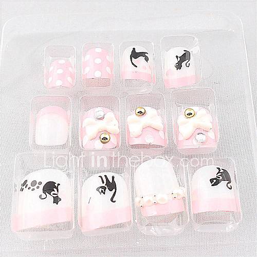 12 PCS Pink Bow Polka Dot Acrylic UV Gel False Nail Art Tips With Glue