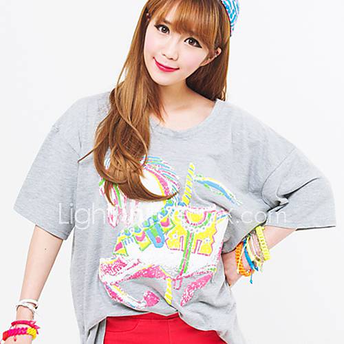 [Pashong] Womens Round Collar 1/2 Length Sleeve T Shirt with Horse Print (More Colors)