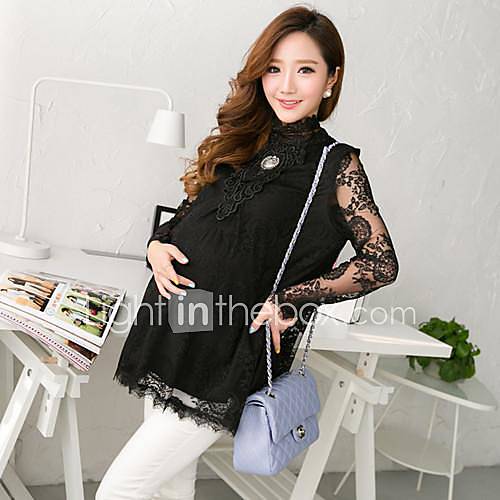 Maternity Stand Collar Lace Printing with Tulle Long Blouse