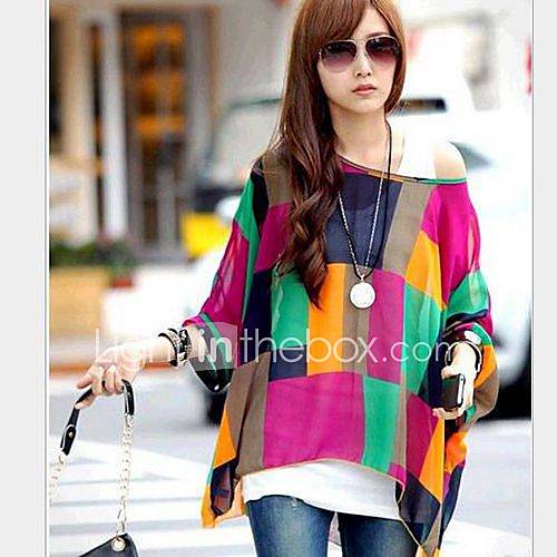 Womens Summer Loose Printing Bat Sleeve Bohemia Chiffon Shirt (Lining Vest Not Included)