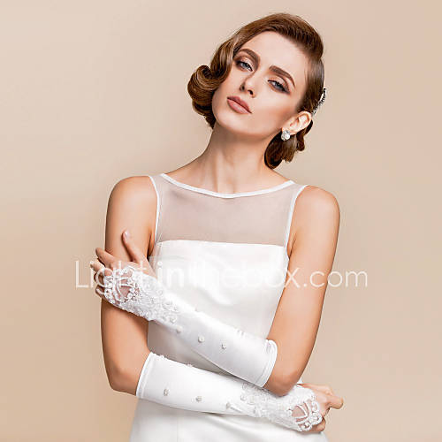 Satin / Lace Elbow Length Fingerless Bridal Gloves With Pearls