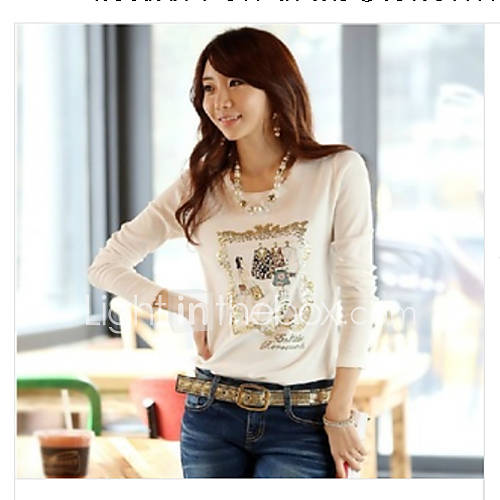 YIMN WomenS Cultivate OneS Morality Cotton Round Collar Bead Piece Sequins Embroidery Quilt Backing Long Sleeved T Shirt (Wh