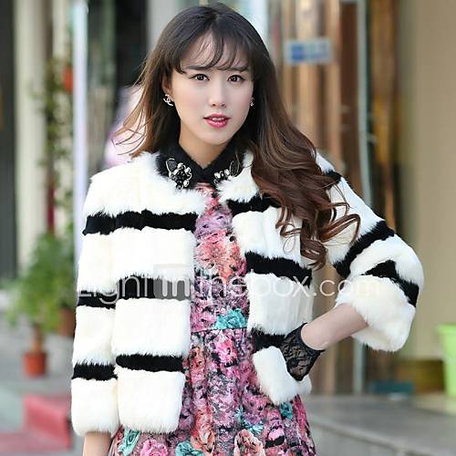 Womens Short Rabbit Fur Coat of Black and White Stripes