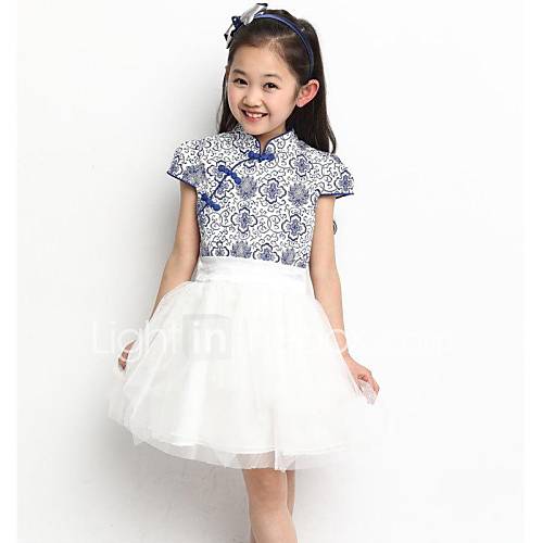 Girls Stand Collar Chinese Traditional with Mesh Skater Dress