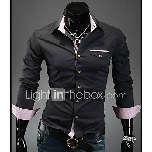 HKWB Casual Check Color Joint Long Sleeve Slim Shirt(Black)