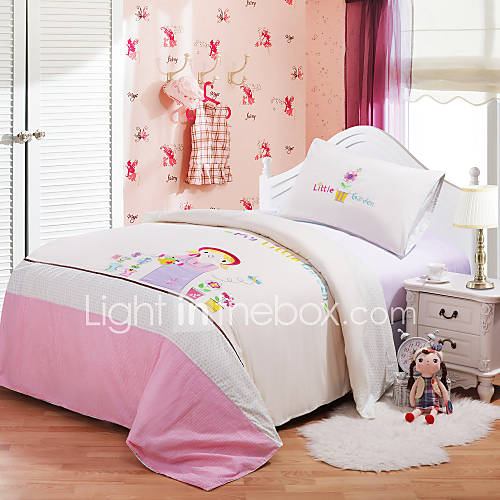 Duvet Cover Set, 2 Piece for Kids, 100% Cotton Contemporary Embroidery Print Little Garden