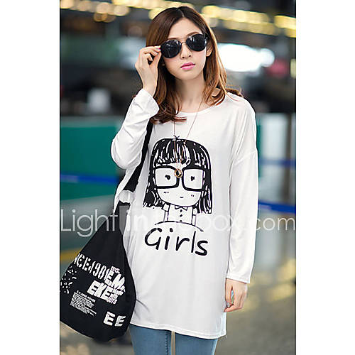 Uplook Womens Casual Round Neck White Cartoon Pattern Loose Fit Batwing Long Sleeve T Shirt 322#