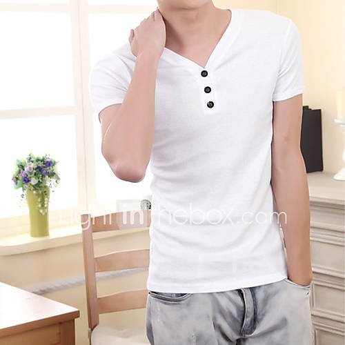 Shishangqiyi Short Sleeved Tide Korean Version V Neck Slim Stretch T Shirt(White)