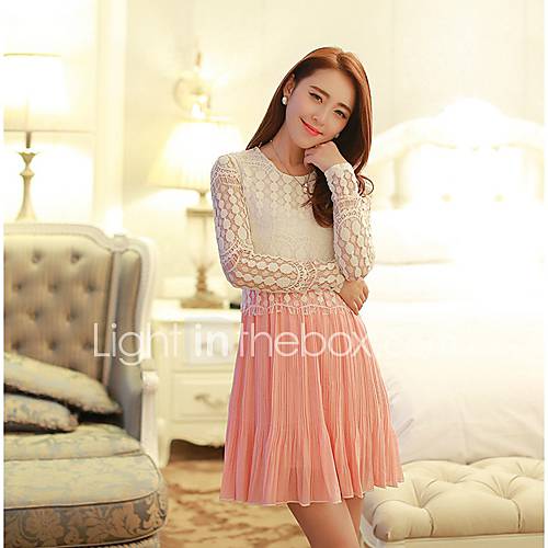 Womens Spring Korean Style Slim Sweet Lace Pleat Dress