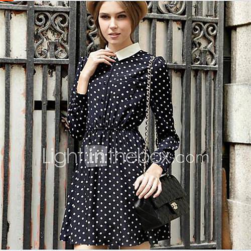 Womens Chiffon Vintage Peter Pan Collar Casual Polka Dot Printed High Street Dress