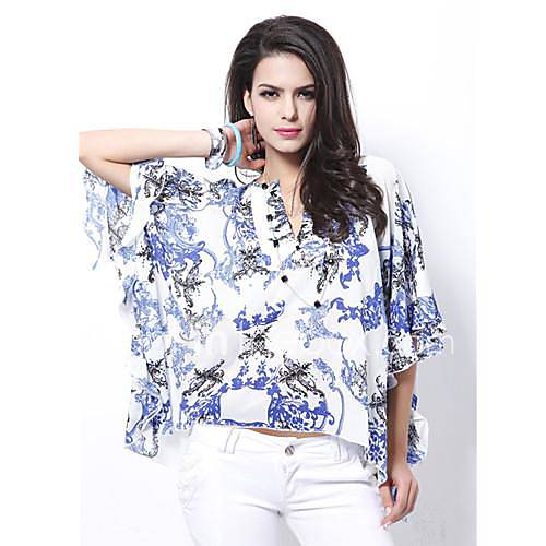 Womens Print Ruffle Side Cape Sleeve Chiffon Blouse