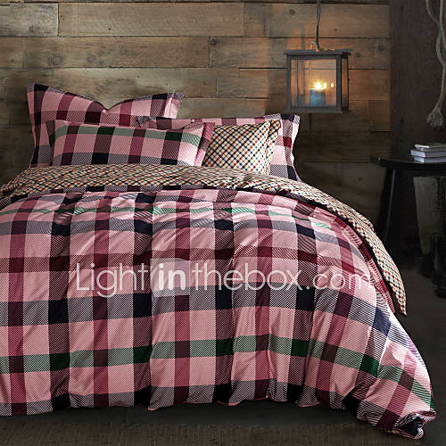 Duvet Cover Set,4 Piece Reactive Print 100% Cotton Pink Plaid