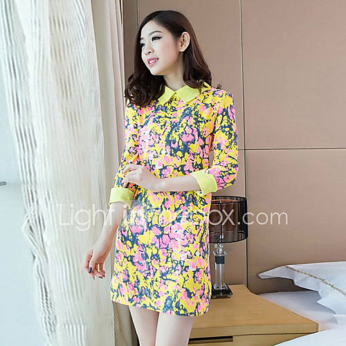 Loongzy Womens Korean Chiffon Pan Collar 3/4 Sleeve Floral Print Yellow Dress