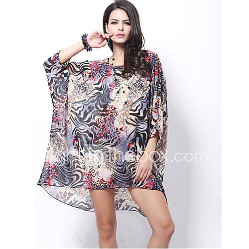 Womens Cape Sleeve Leopard Print Long Chiffon Blouse