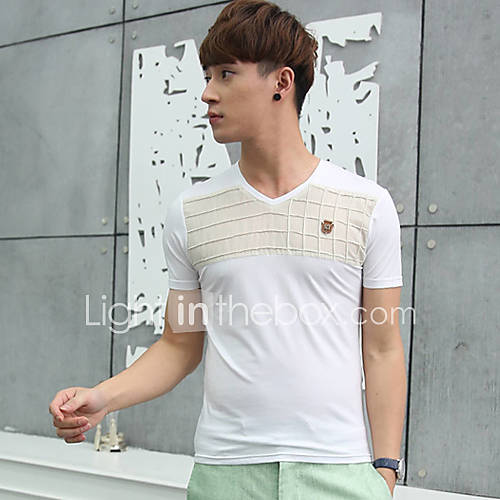 Senyue Mens Korean Splice Color Cotton Short Sleeve T Shirt (White)