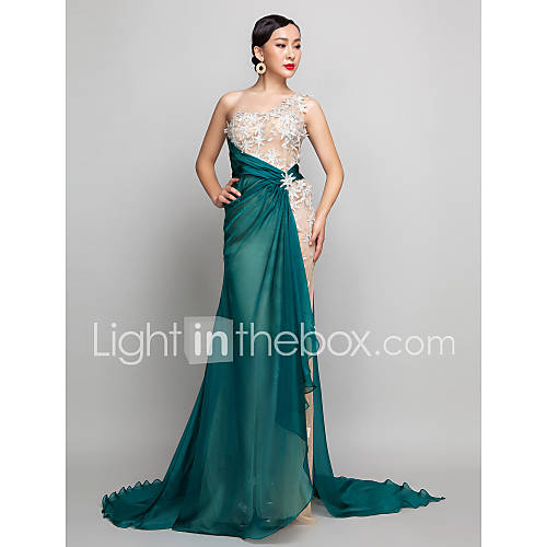 A line/Princess One Shoulder Sweep/Brush Train Chiffon Evening Dress