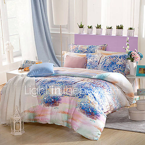 Duvet Cover Set,4 Piece Reactive Print Silky Abstract Floral